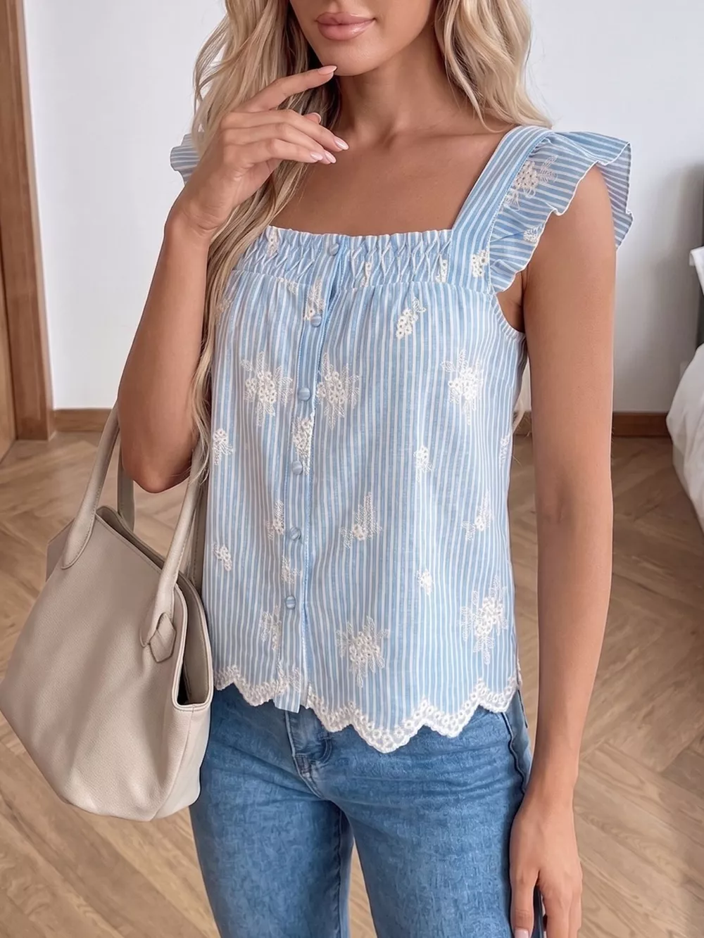 Striped Embroidered Ruffle Sleeve Blouse, image 4