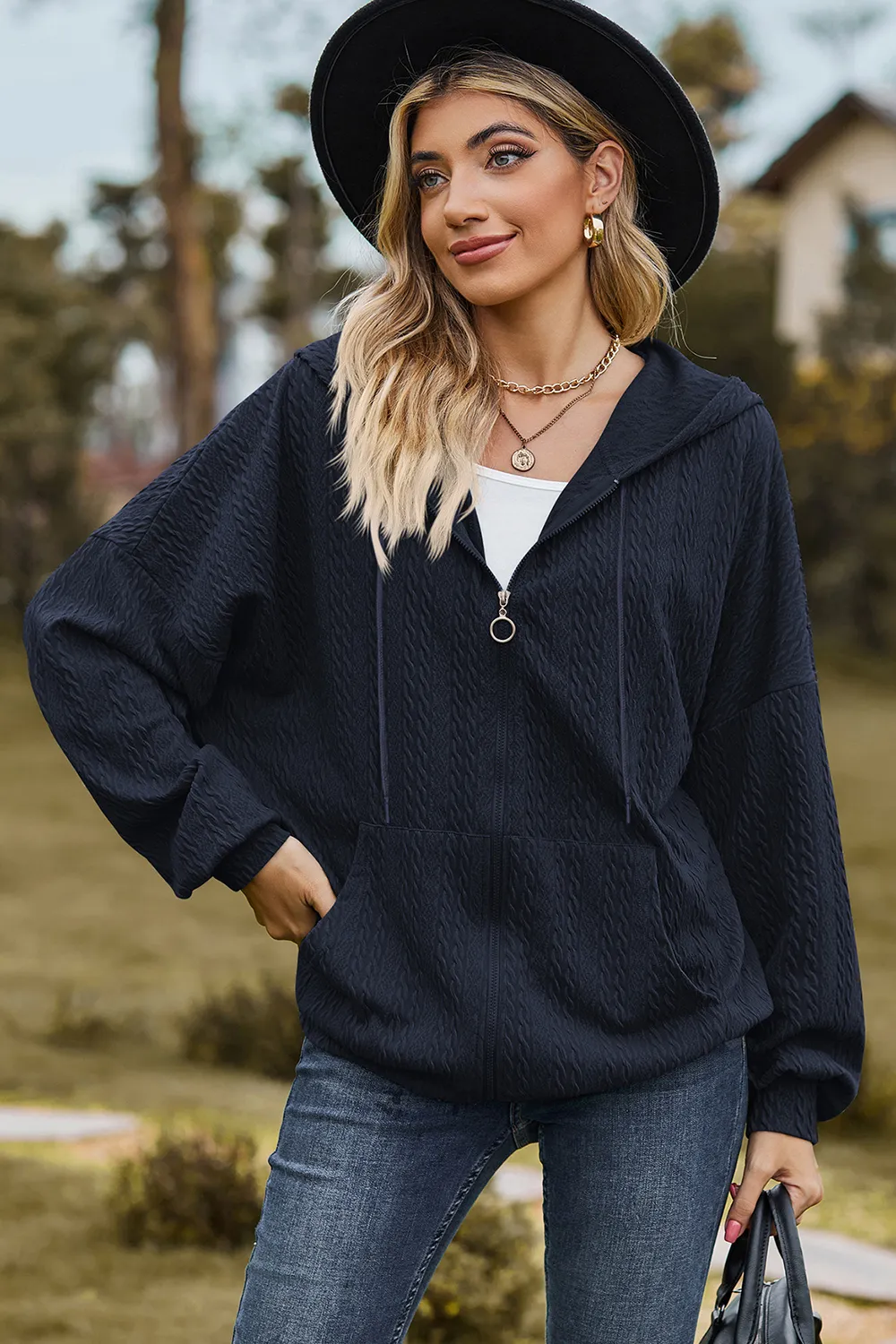 Drawstring Zip Up Dropped Shoulder Hoodie, image 8