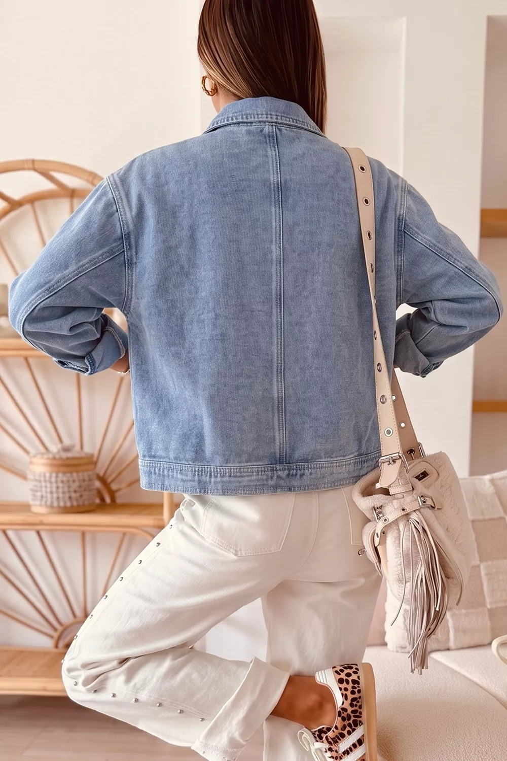 Studded Metal Zipper Rivet Pockets Long Sleeve Denim Jacket, image 4