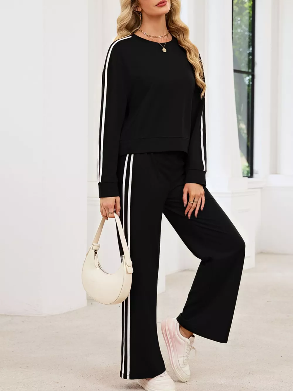 Striped Round Neck Sweatshirt and Pants Set, image 9
