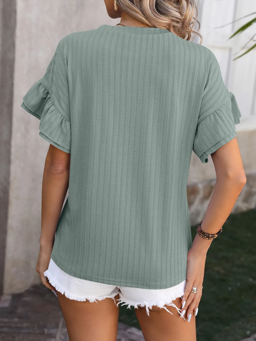 Ruffled Round Neck Short Sleeve Blouse, image 9