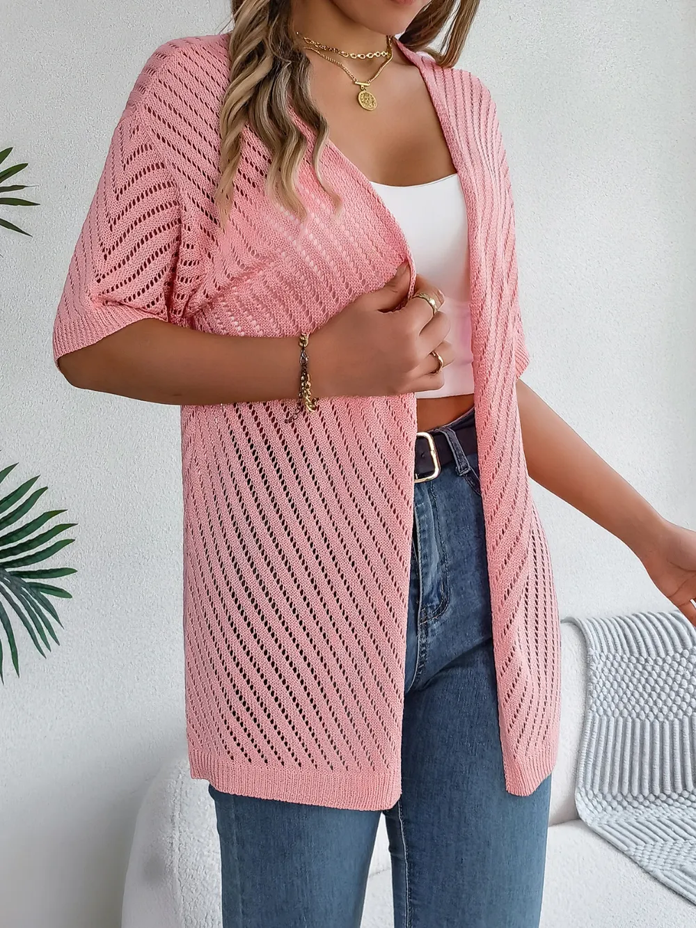 Openwork Open Front Half Sleeve Cardigan, image 14