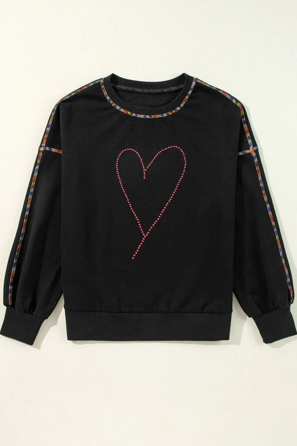 Valentine’s Day Rhinestone Heart Round Neck Long Sleeve Sweatshirt, image 3