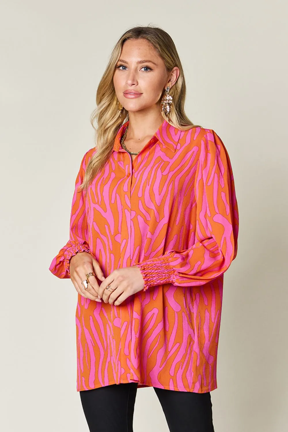 Full Size Printed Smocked Long Sleeve Blouse Plus Size, image 27