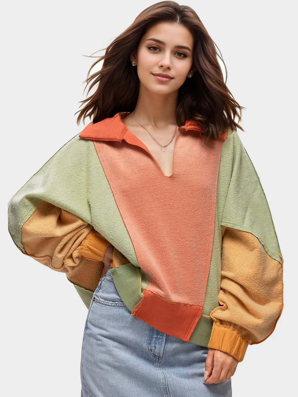 High-Low Exposed Seam Contrast Long Sleeve Sweatshirt, image 8
