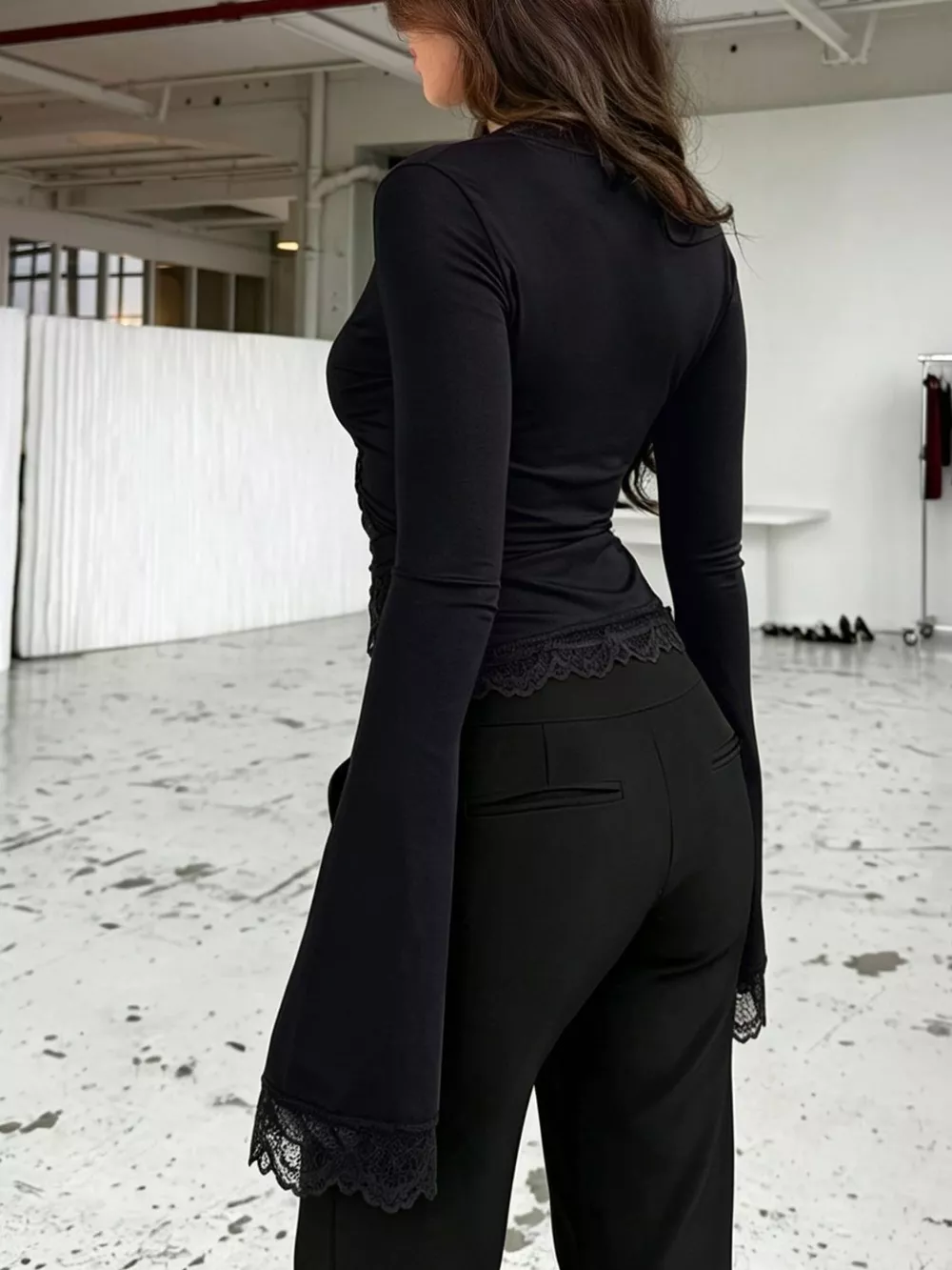Lace-Trimmed Long Sleeve Wrap T-Shirt, image 17