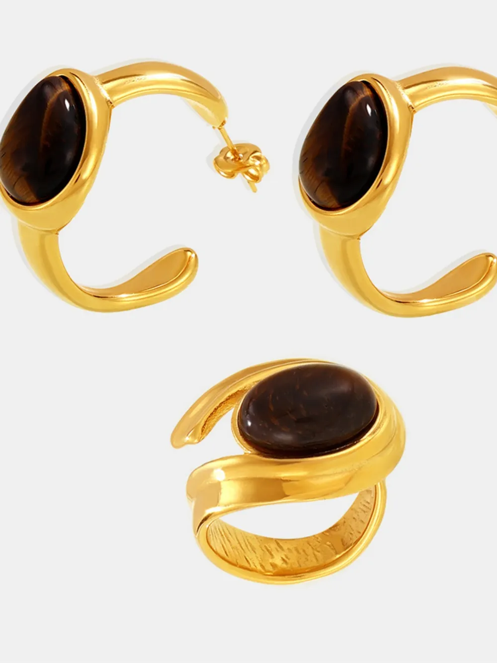 Stainless Steel Tigerite Ring and C-Hoop Earrings Set, image 4