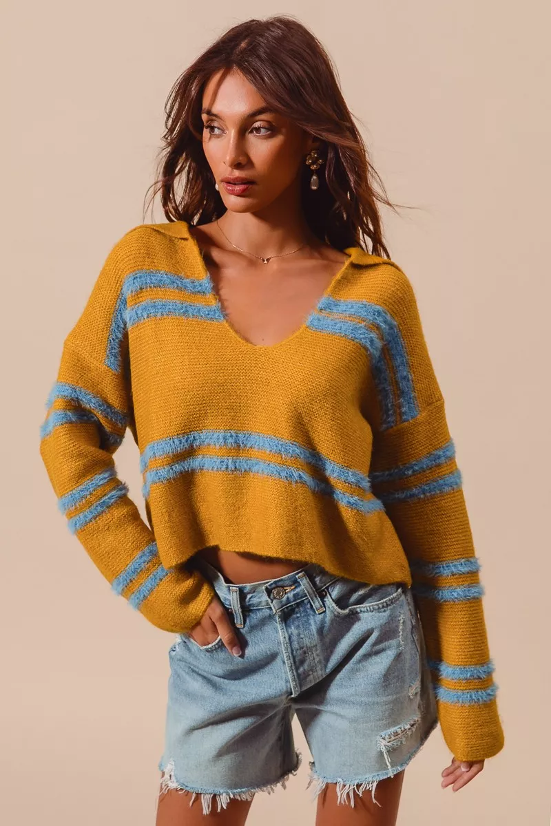 Fuzzy Hairy Stripe Deep U Neck Swetaer