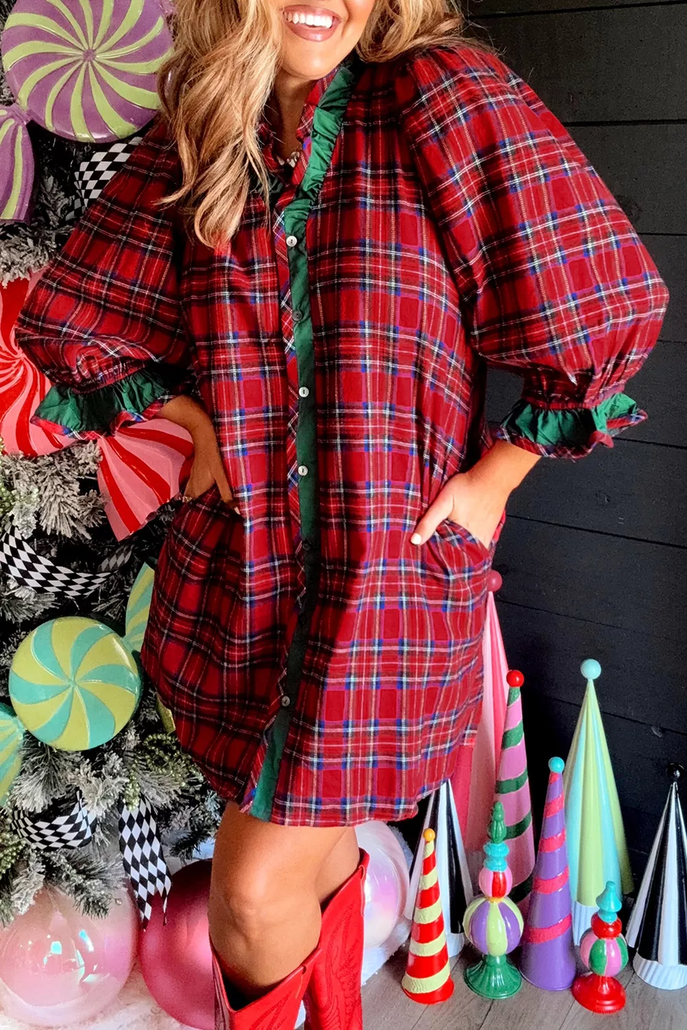 Plaid Ruffle Cuff Button Front Pocket Mini Dress, image 4