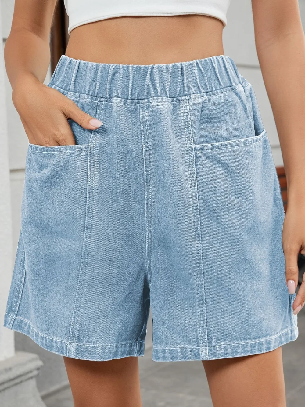 Elastic Waist Denim Shorts, image 6