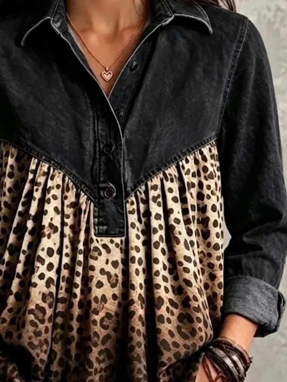 Full Size Leopard Button Detail Blouse Plus Size, image 12