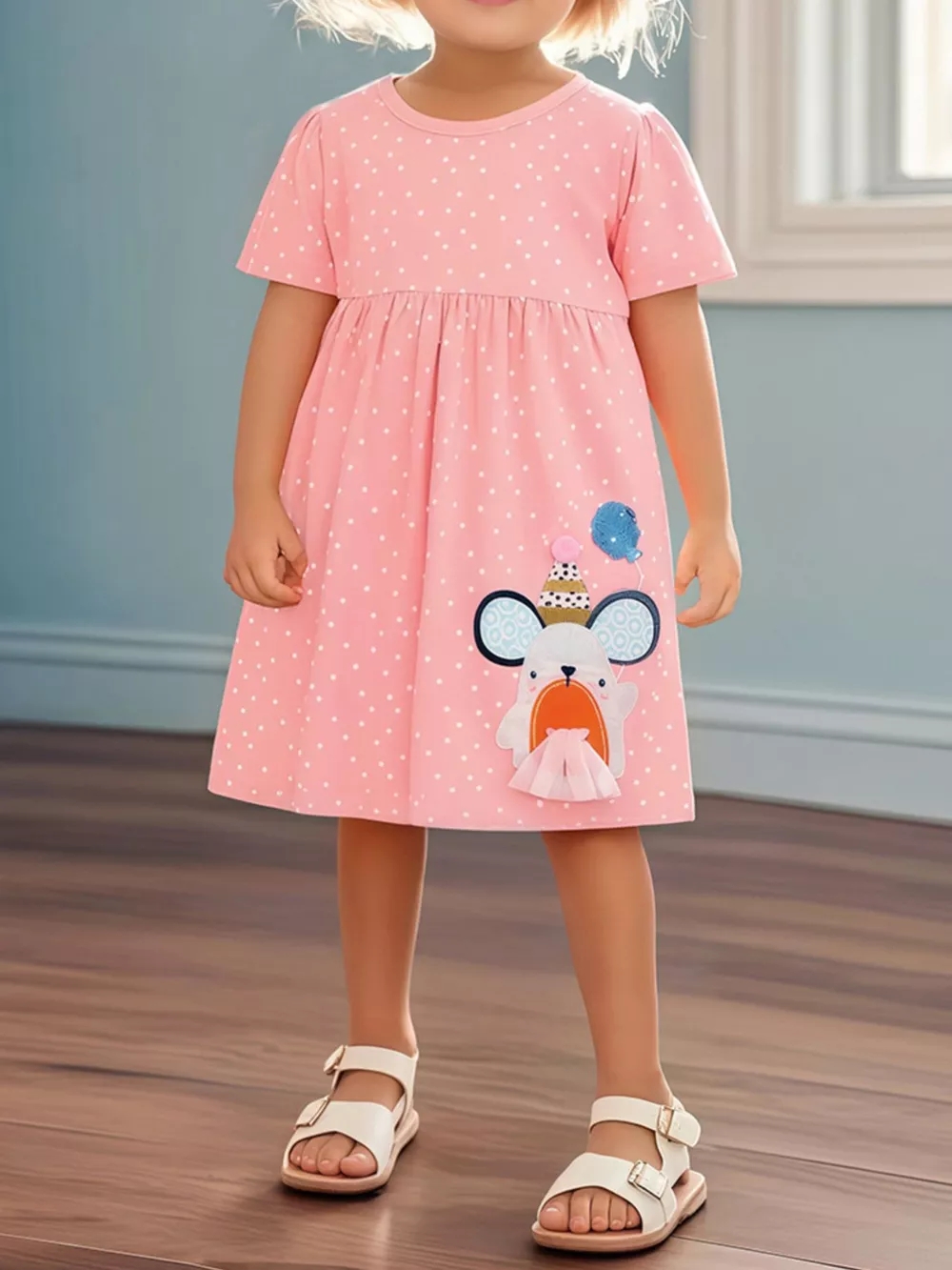Children's Round Neck Cartoon Polka Dot Dress