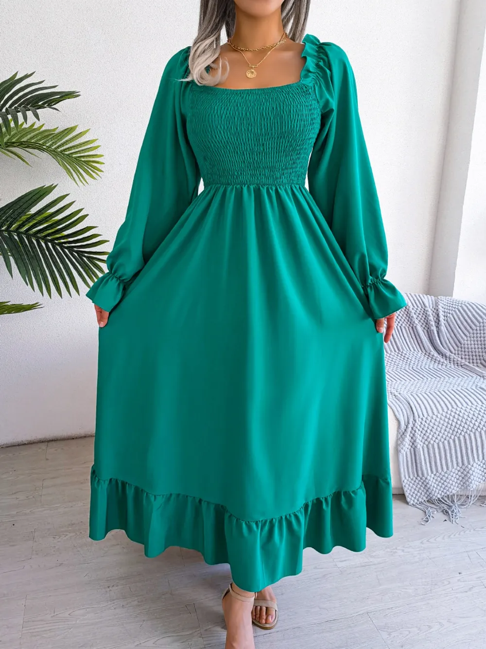 Smocked Square Neck Flounce Sleeve Dress, image 10