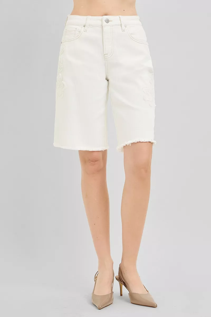 Slouchy Relaxed Floral Embroidered Bermuda Denim Shorts, image 5