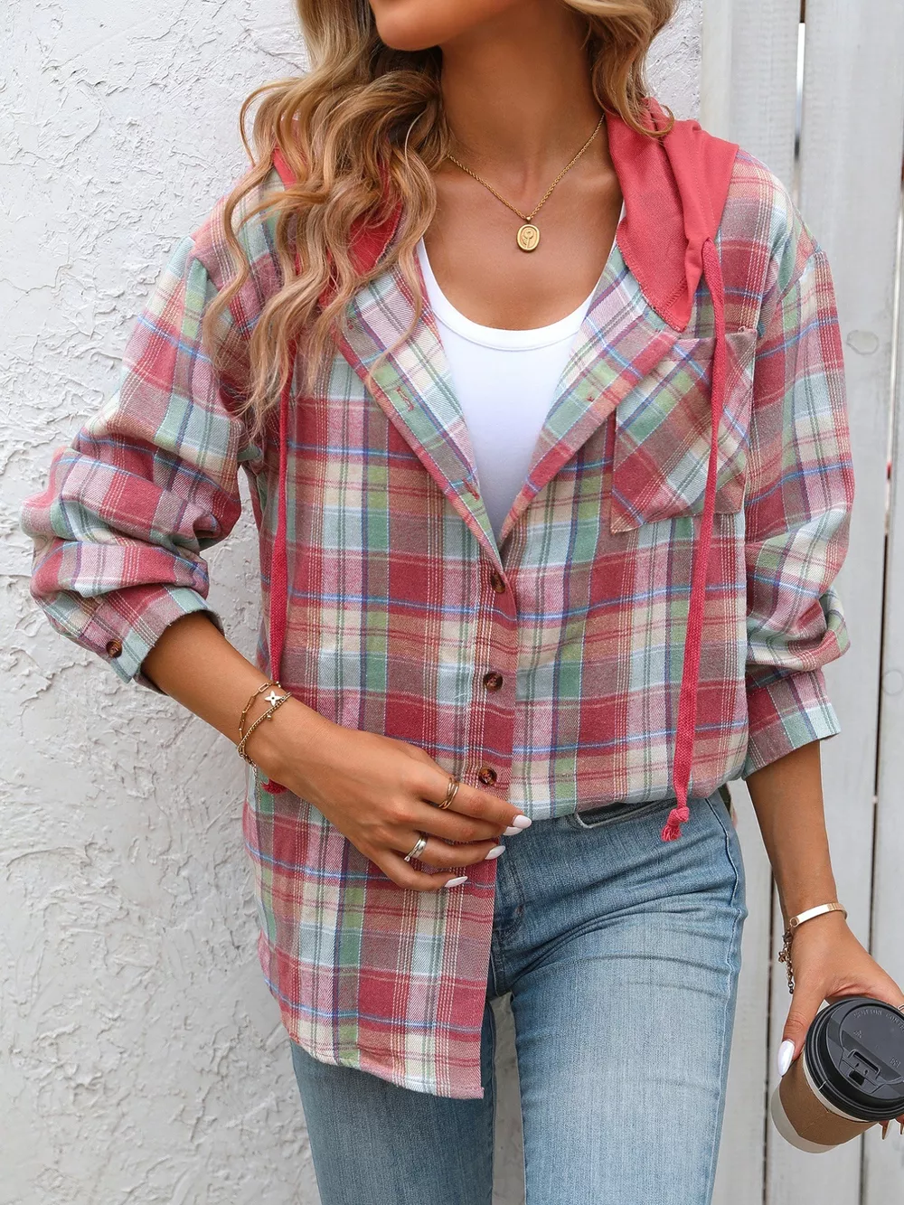 Plaid Button-Up Hooded Shirt with Chest Pocket, image 14