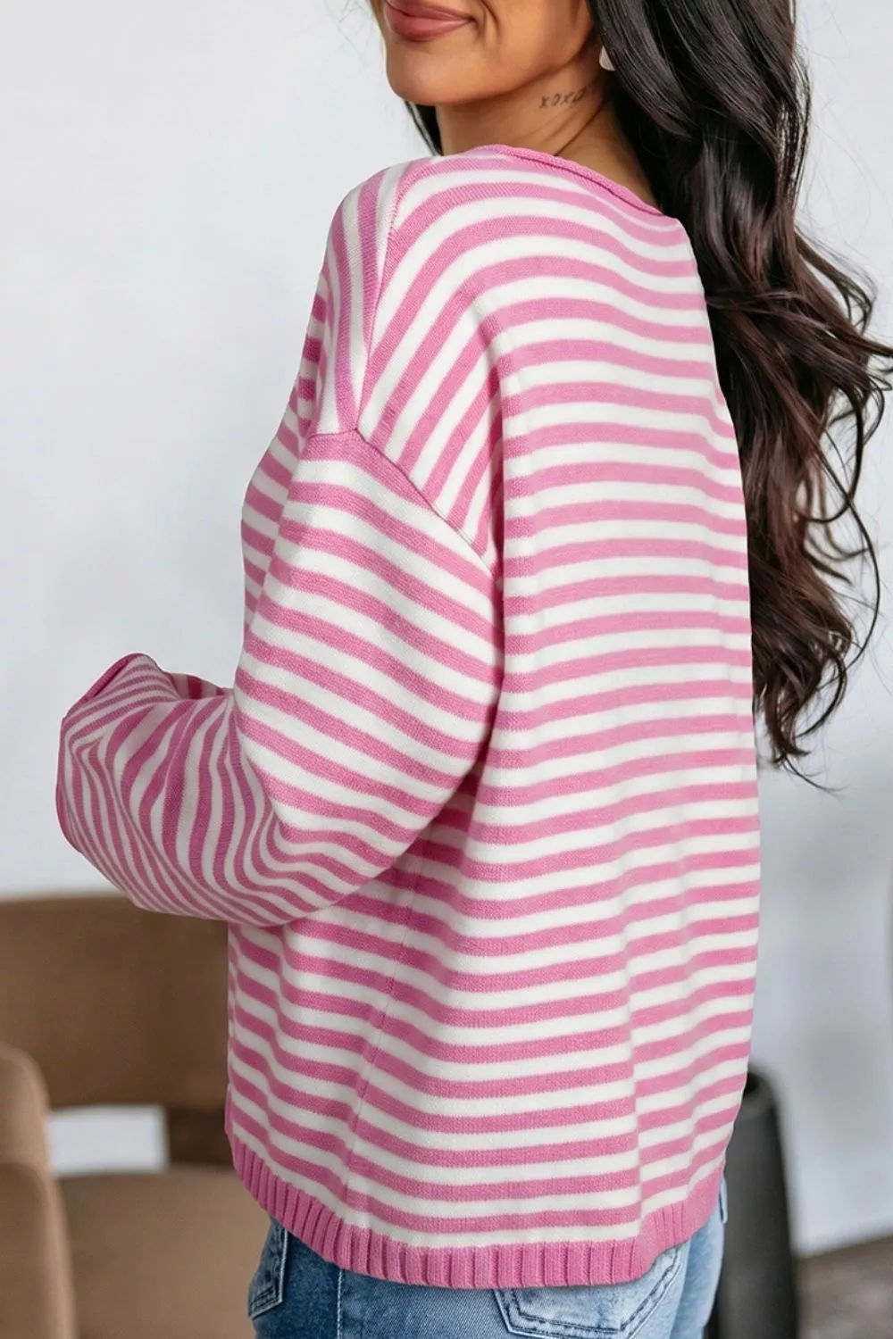 Striped Button Placket Drop Shoulder Long Sleeve Sweater, image 4