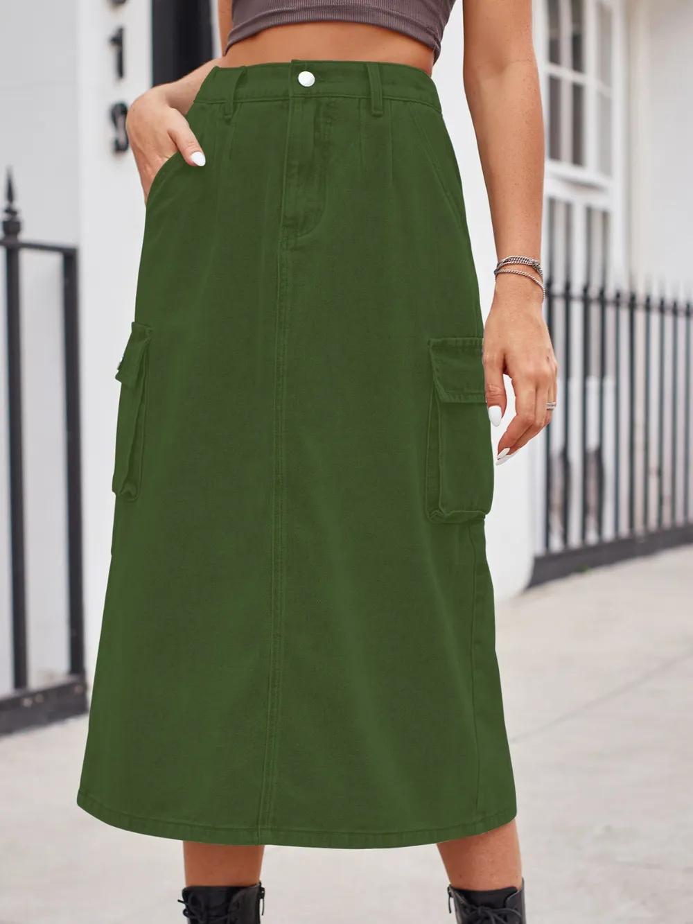 Slit Buttoned Denim Skirt with Pockets, image 8