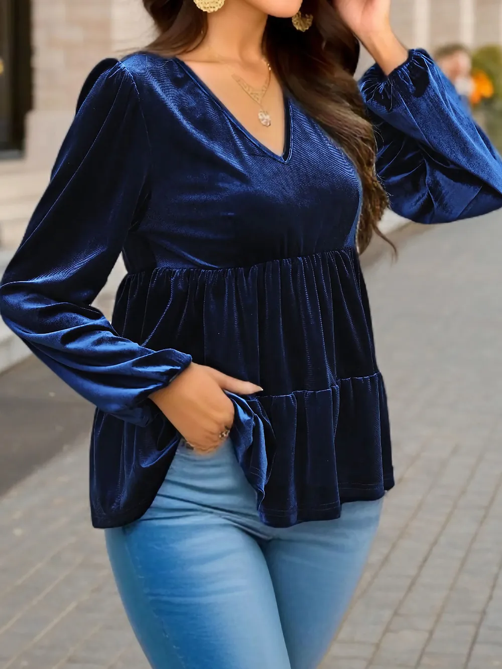 V-Neck Balloon Sleeve Peplum Blouse, image 3