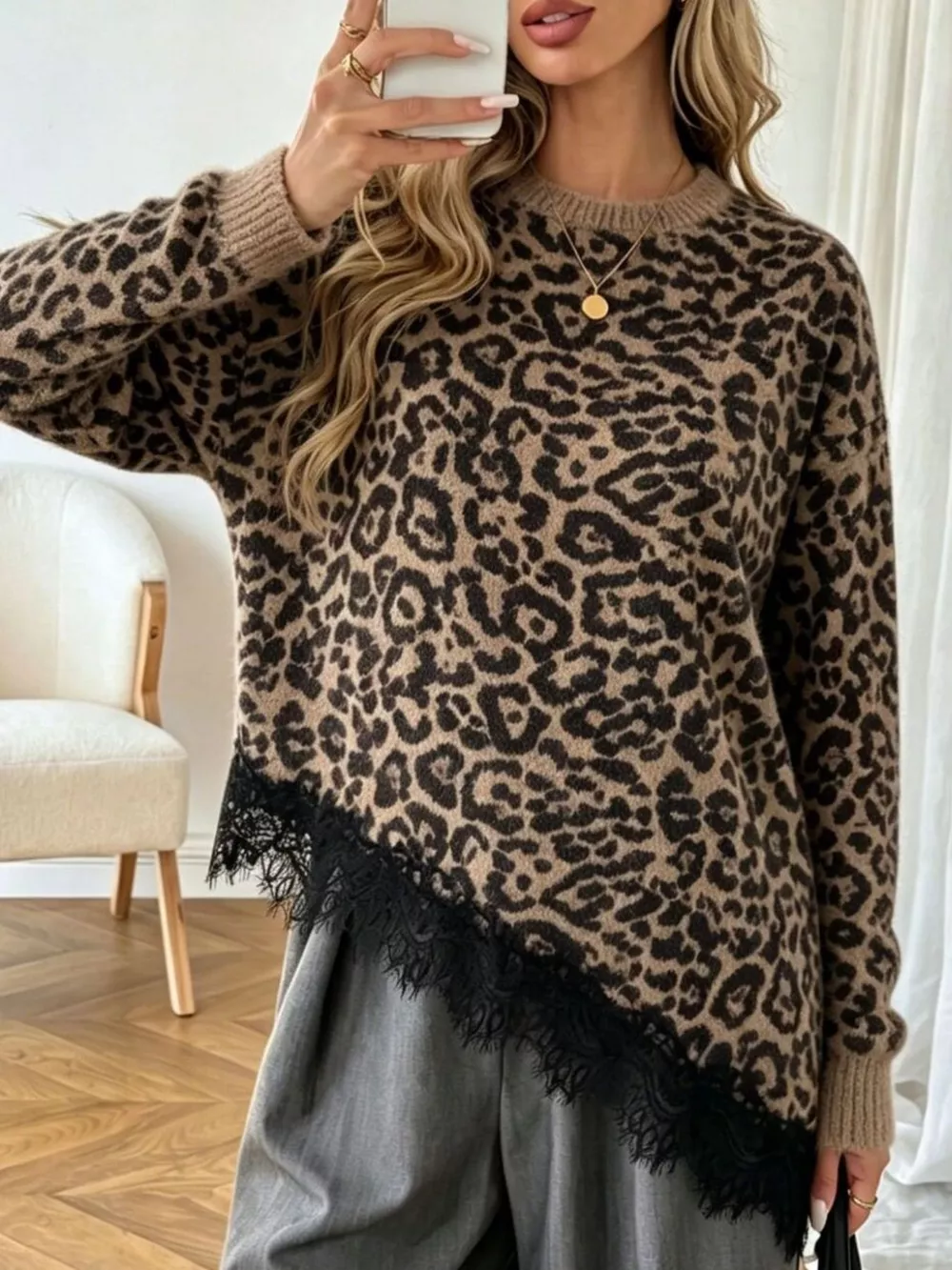Round Neck Sweater with Asymmetric Lace Hem, image 10
