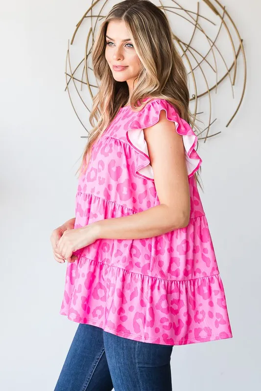 Full Size Tiered Leopard Round Neck Blouse with Ruffled Detail Plus Size, image 7
