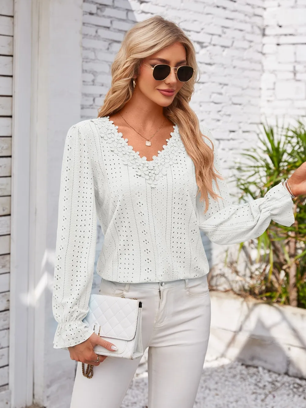 Applique V-Neck Flounce Sleeve T-Shirt, image 9