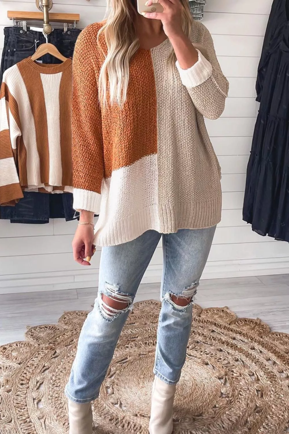 Color Block Knit V Neck Loose Sweater, image 6