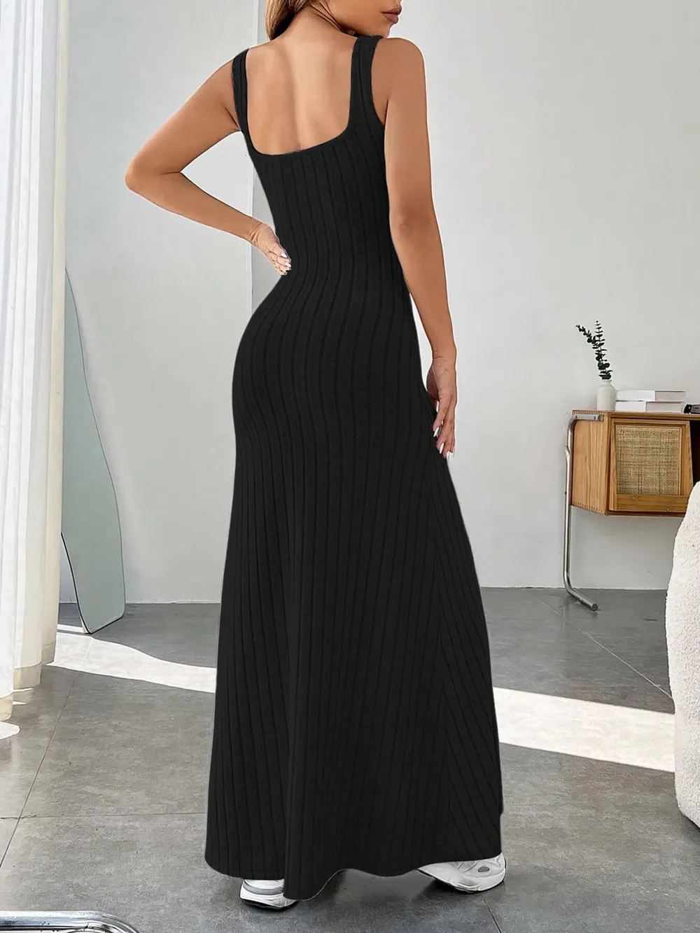 Ribbed Knit Square Neck Sleeveless Maxi Dress, image 17