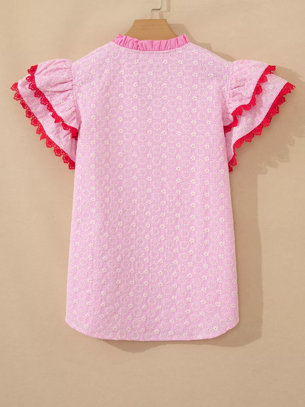 Eyelet Embroidered Flower Texture Contrast Lace Trim Flutter Sleeve Blouse, image 7