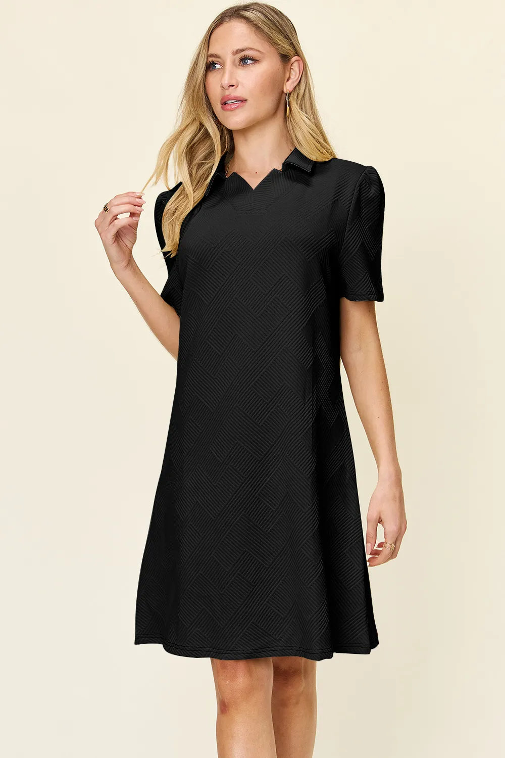 Full Size Texture Collared Neck Short Sleeve Dress, image 7