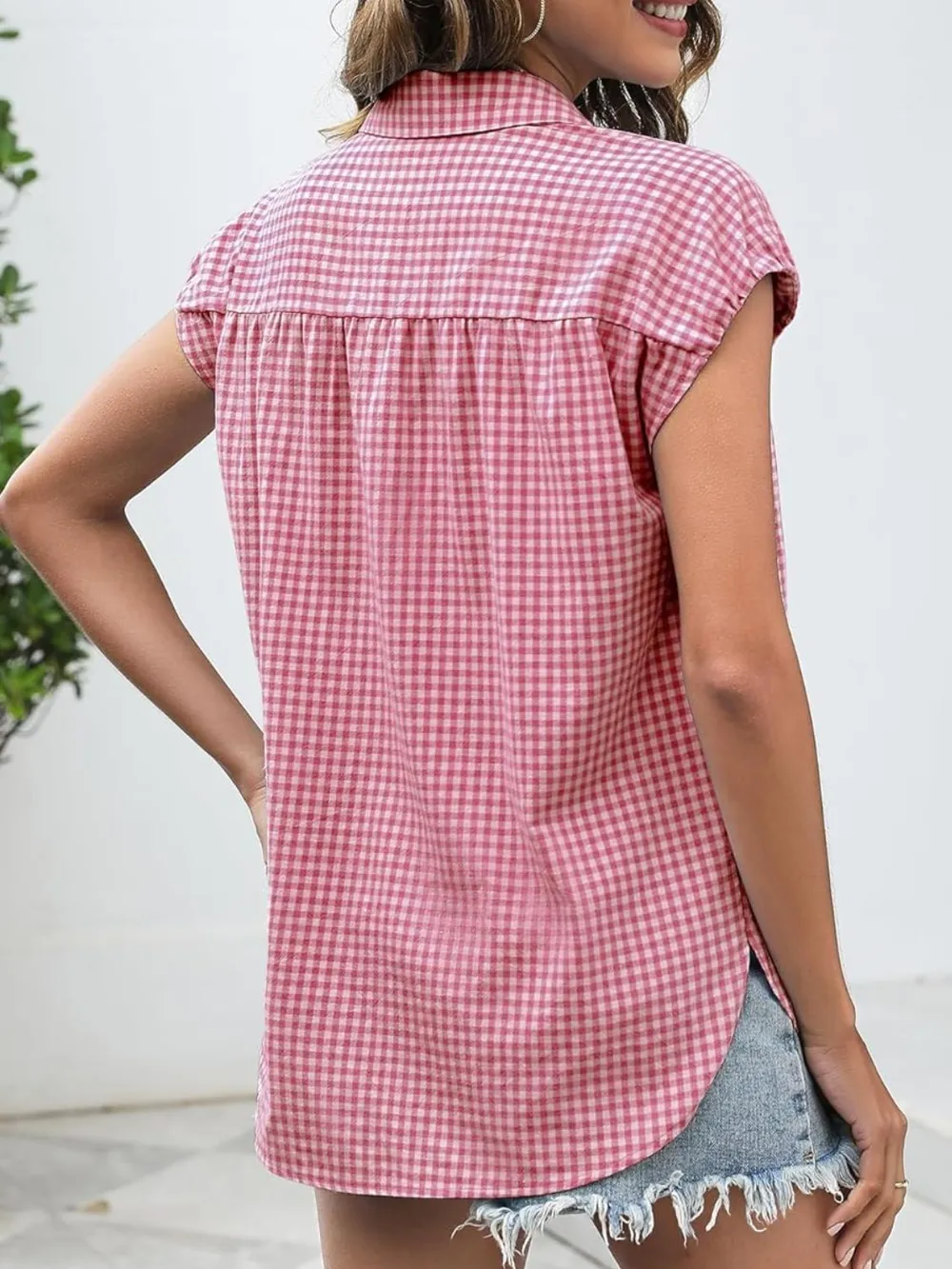 Plaid Button Up Cap Sleeve Shirt, image 23