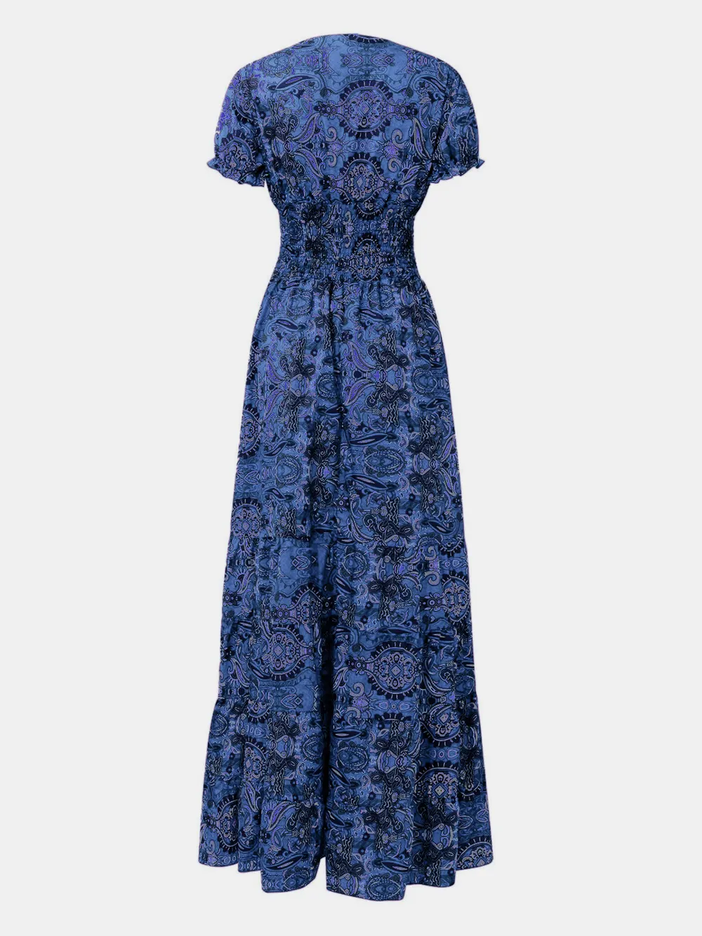 Full Size Smocked Printed V-Neck Short Sleeve Dress, image 9