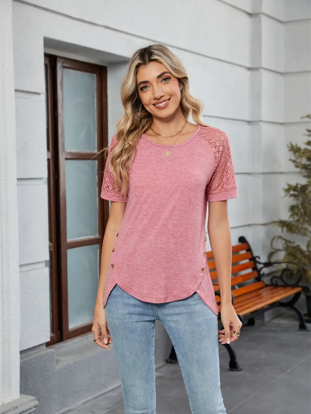 Round Neck Lace Short Sleeve T-Shirt, image 8
