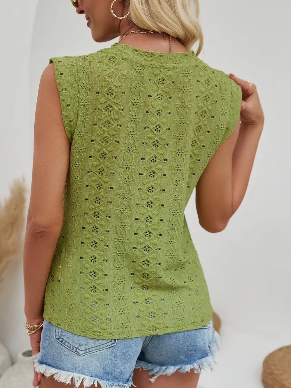 Eyelet Round Neck Cap Sleeve Top, image 2