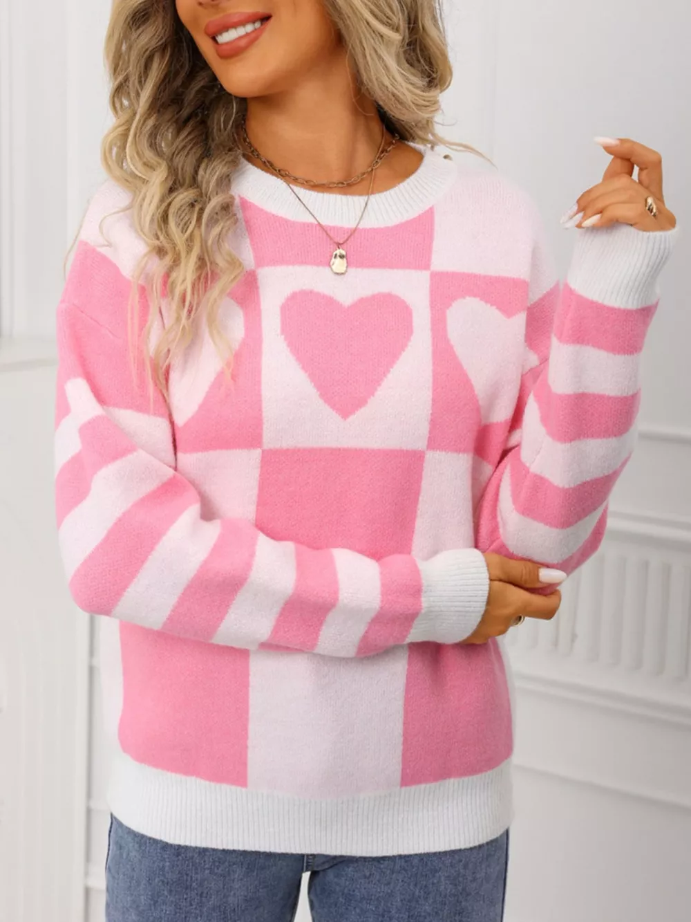 Heart Pattern Checkerboard Knit Sweater, image 9