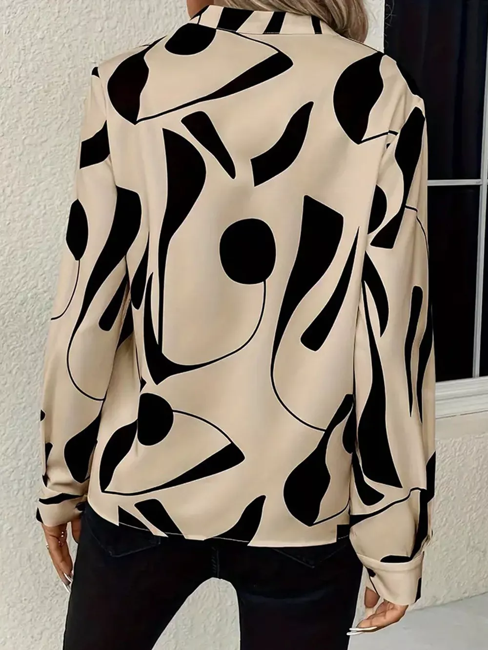 Abstract Print Notched Long Sleeve Blouse, image 5