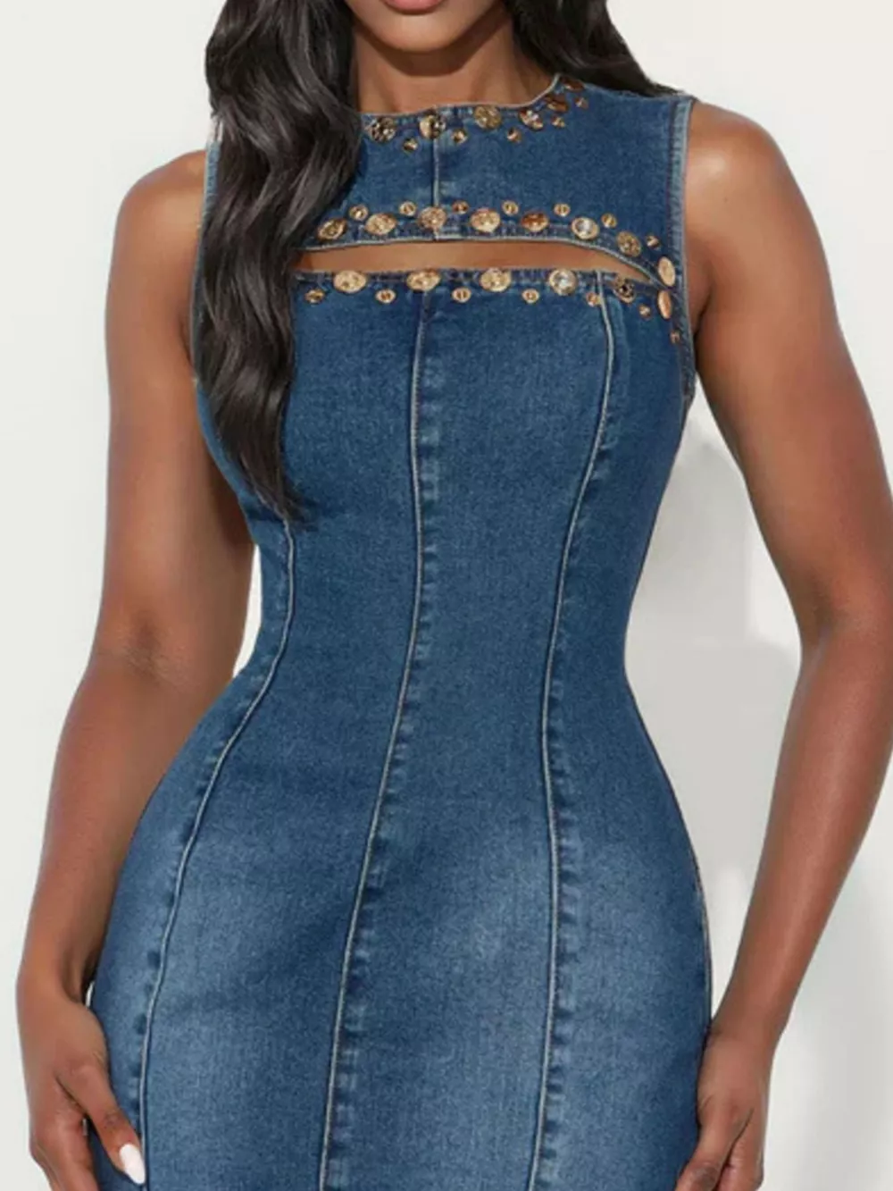 Embellished Cutout Sleeveless Denim Dress, image 3