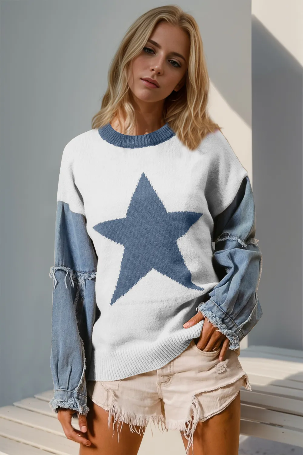 Full Size Star Pattern Raw Edge Long Sleeve Sweater, image 5