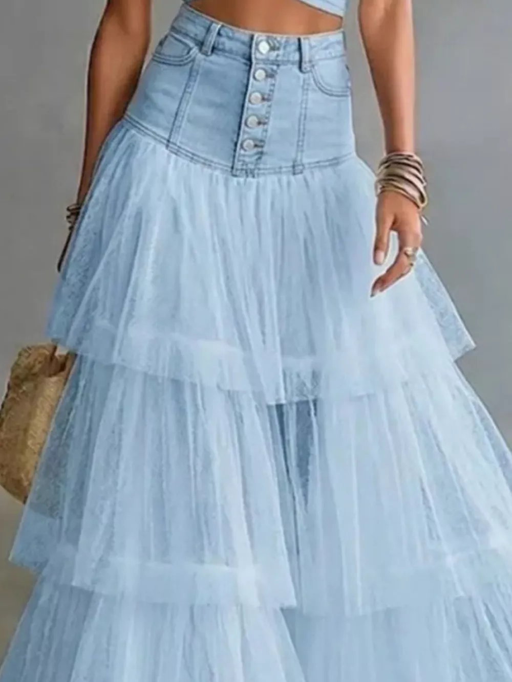 High-Waisted Button-Front Denim and Tulle Maxi Skirt, image 3
