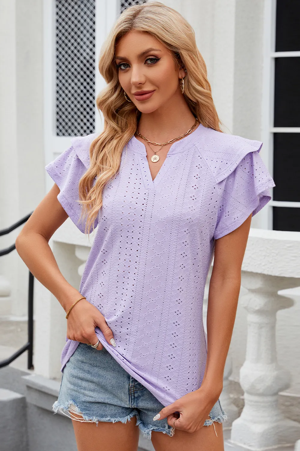 Eyelet Notched Flutter Sleeve T-Shirt, image 2