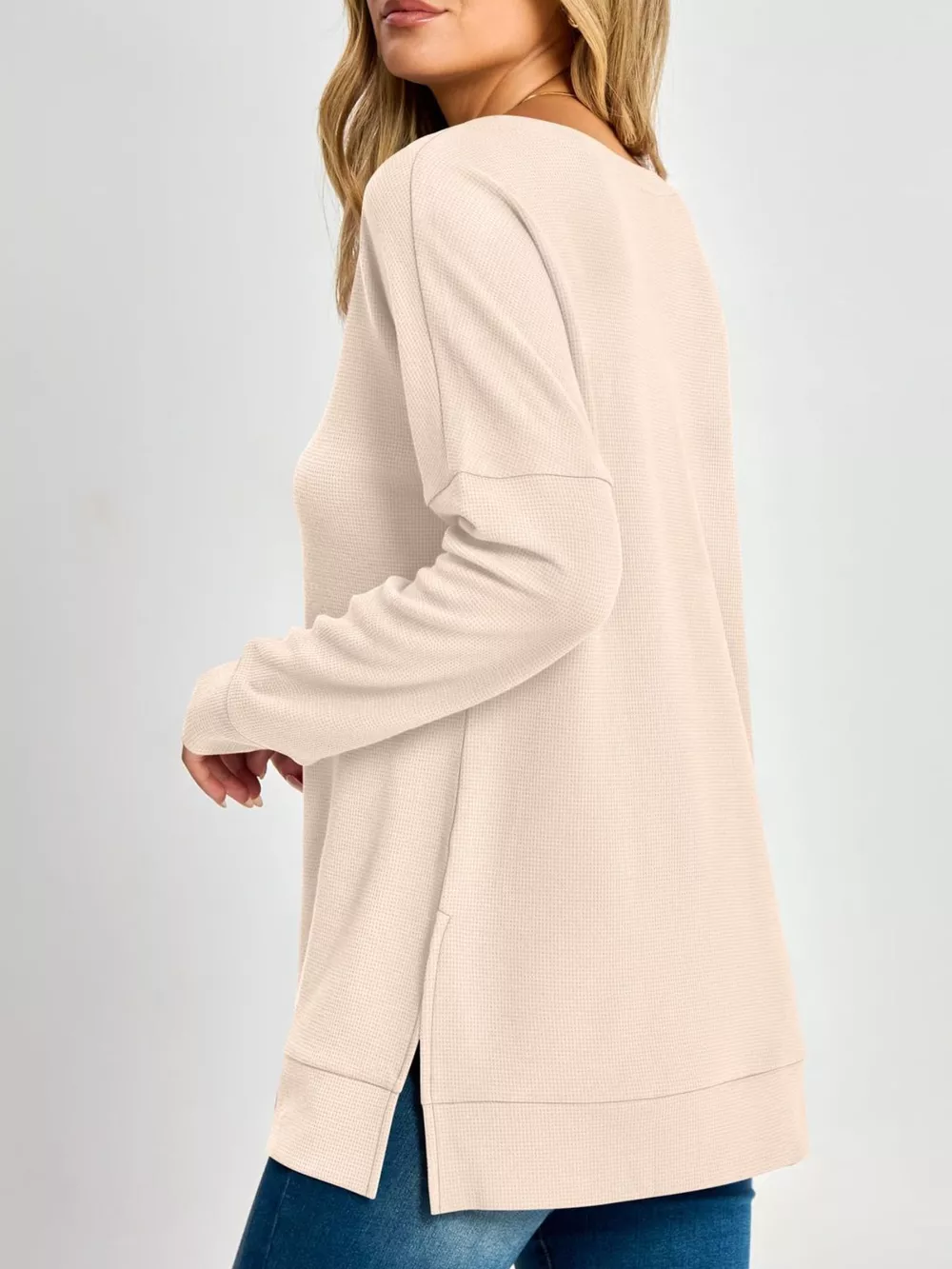 Side Slit Waffle Knit V-Neck T-Shirt, image 6
