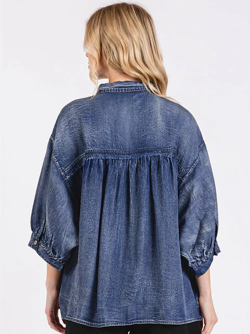 Three Quarter Sleeve Button Front Loose Denim Shirt, image 3