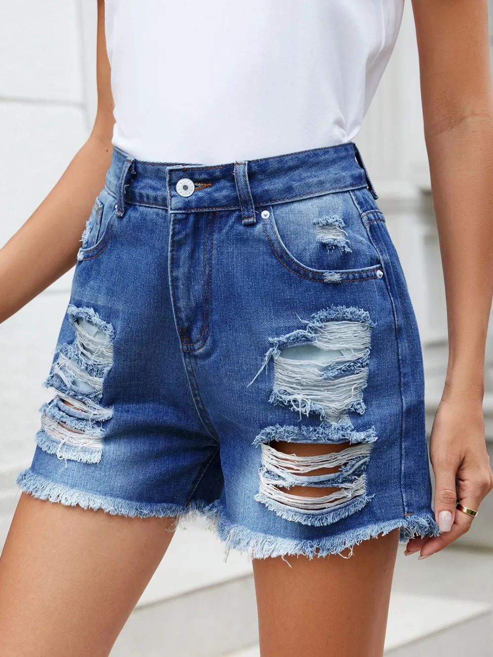 Distressed Raw Hem Denim Shorts, image 5