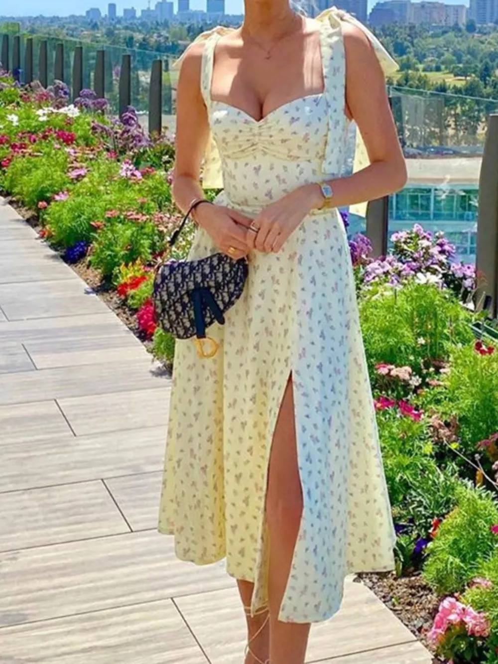 Floral Print Tie Shoulder Slit Midi Dress, image 4