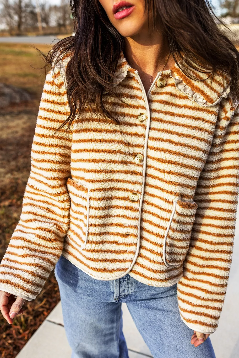Striped Fleece Button Front Long Sleeve Regular Fit Jacket, image 6
