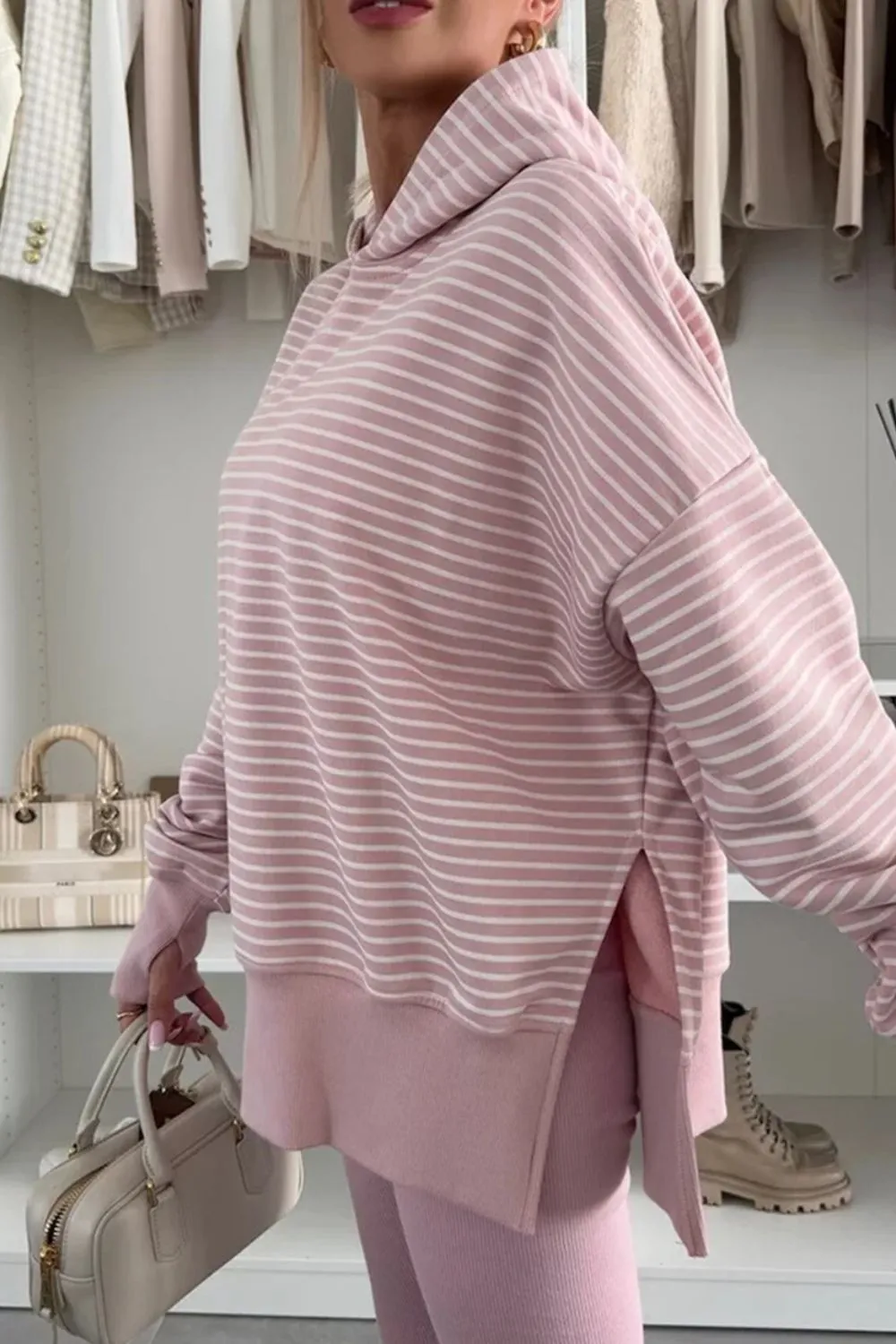 Side Slit Striped Oversized Hoodie, image 3