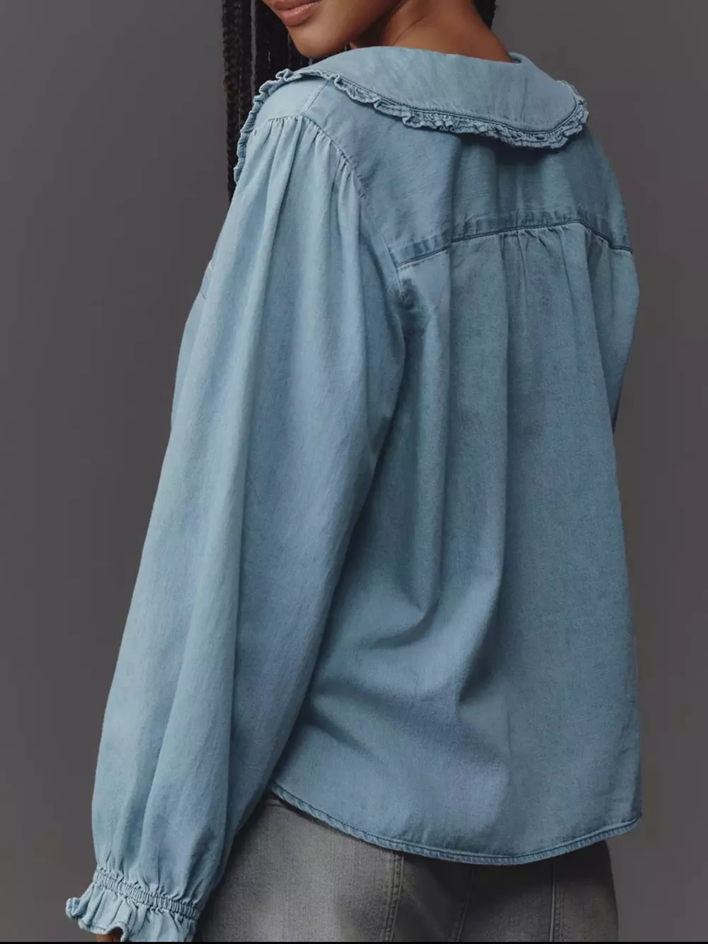 Peter Pan Collar Ruffled Denim Shirt, image 2