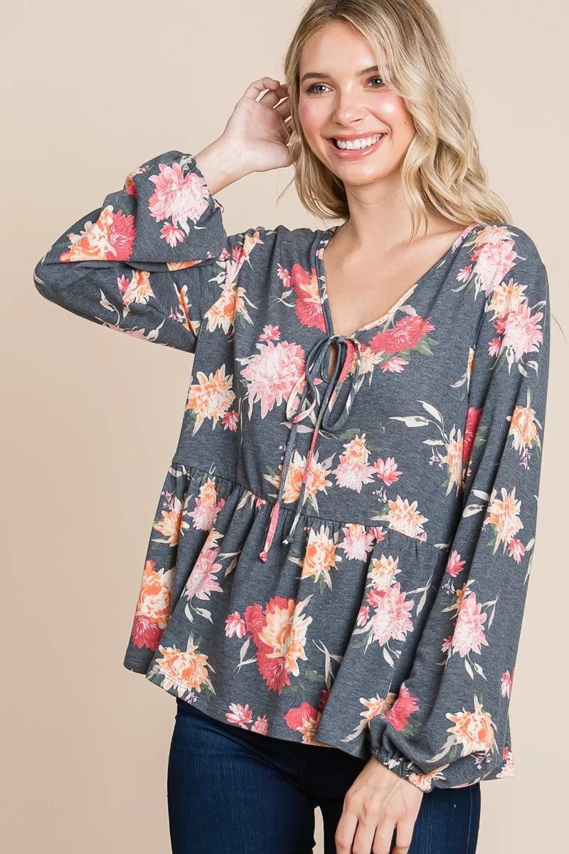 Full Size Babydoll Floral Long Sleeve Blouse, image 6