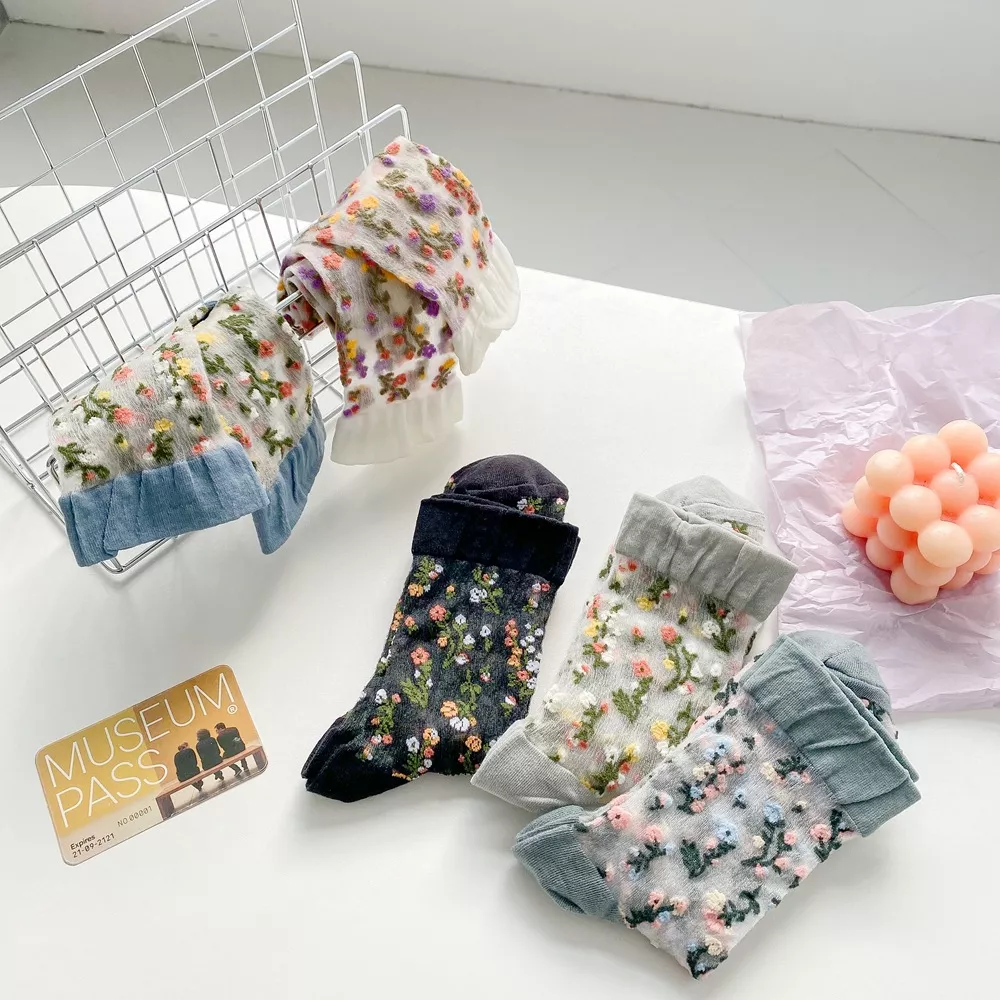 Floral Sheer Crew Socks 5 Pair Set, image 2