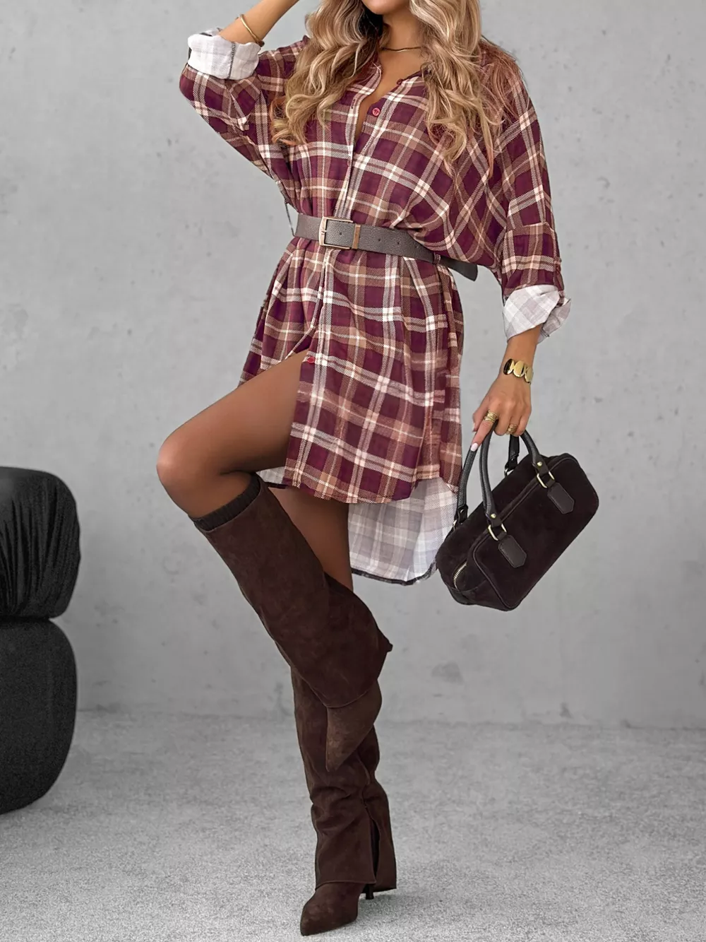 Plus Size Plaid Long Sleeve Mini Shirt Dress, image 5