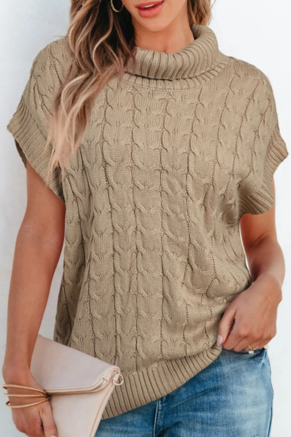 Cable Knit Turtleneck Short Sleeve Sweater, image 8